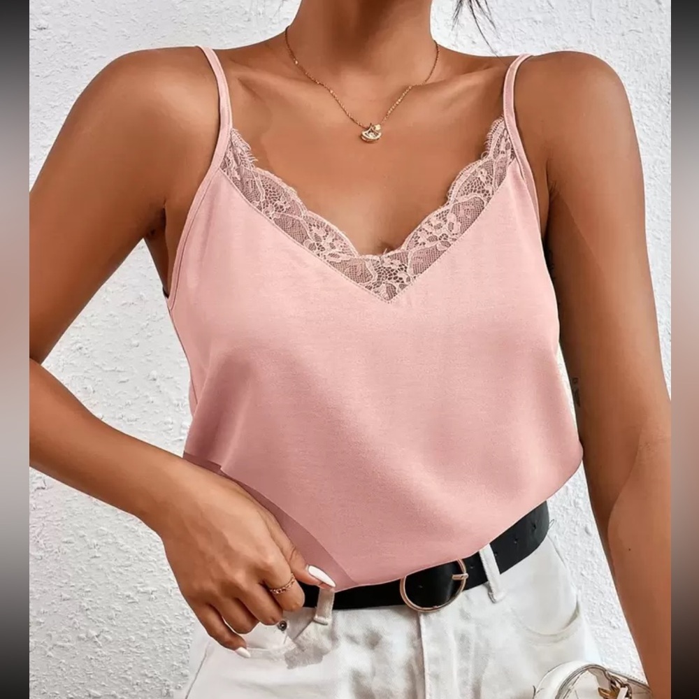Elegant Pink Lace Trim Cami Top